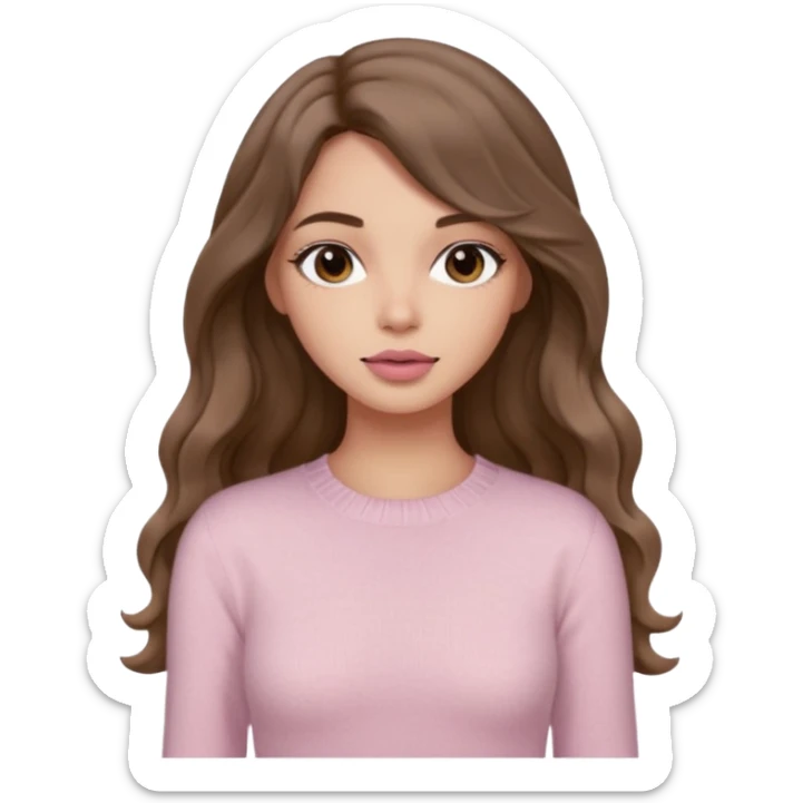 a woman with beige knit long sleeve top, her hair is long wavy brown hair, her face is soft girl style, her eyes color are black and the color of her lip is soft pink sticker