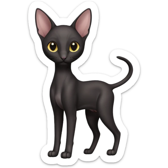 A 3D cartoon black Oriental Shorthair cat with sleek body, tall ears, reflective fur, dark cinematic background, Memoji-style. full body or half body. sticker