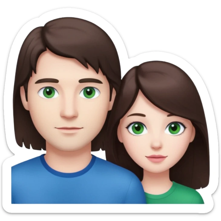 pink polaroid photo of a couple thats white with long brunette hair blue eyes and a white guy with short brunette hair and green eyes sticker