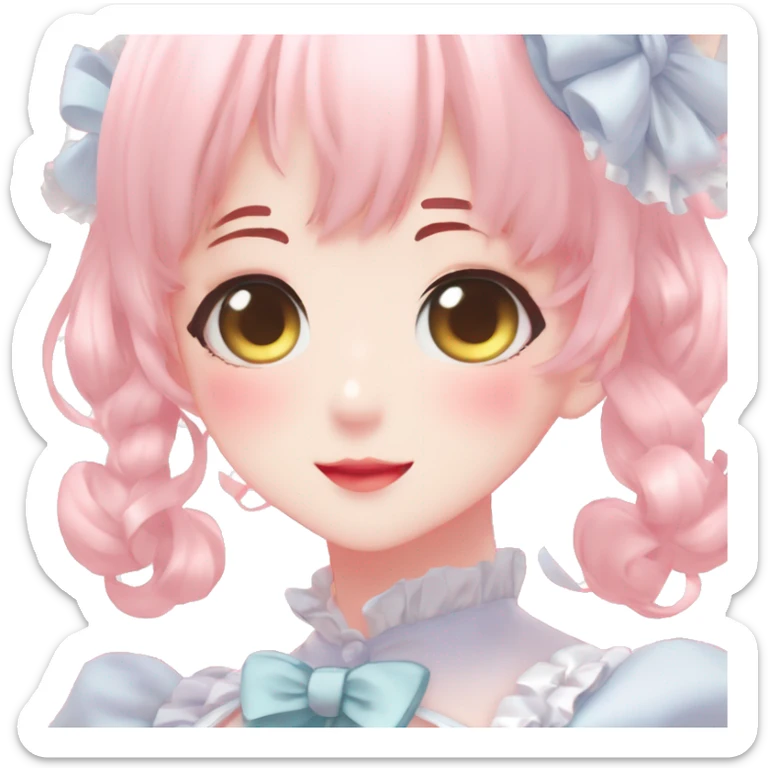 Gorgeous anime style lady blushing face maid outfit Lolita idol model colorful shiny sparkle kawaii pastelcore cottagecore pearly petite simplistic aesthetic trending style sticker