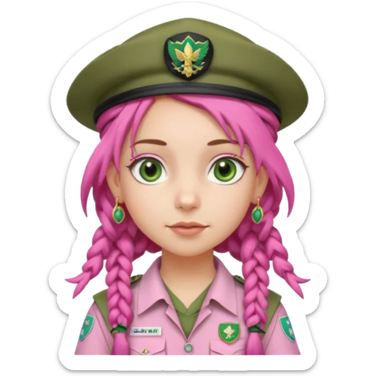 very pretty girl big green eyes, scout girl with pretty pink uniform, pink dreadlocks, and big earrings and scouts hat sticker