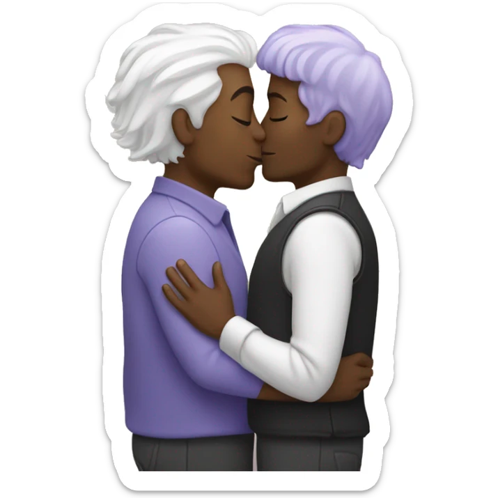 Two men kissing, one of them black and the other white with lavender hair sticker