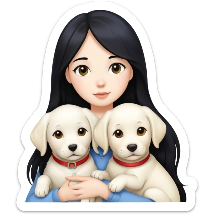 A beautiful girl with long black hair and fair skin is holding a white Labrador sticker