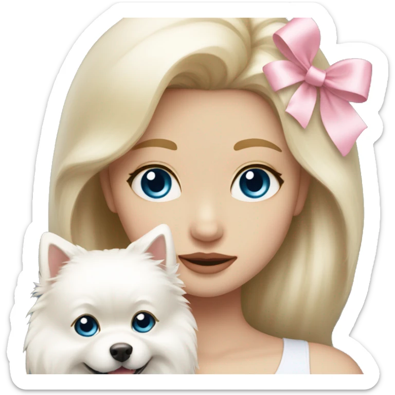 Blond girl white skin blue eyes hugging white Pomeranian with light pink bow sticker