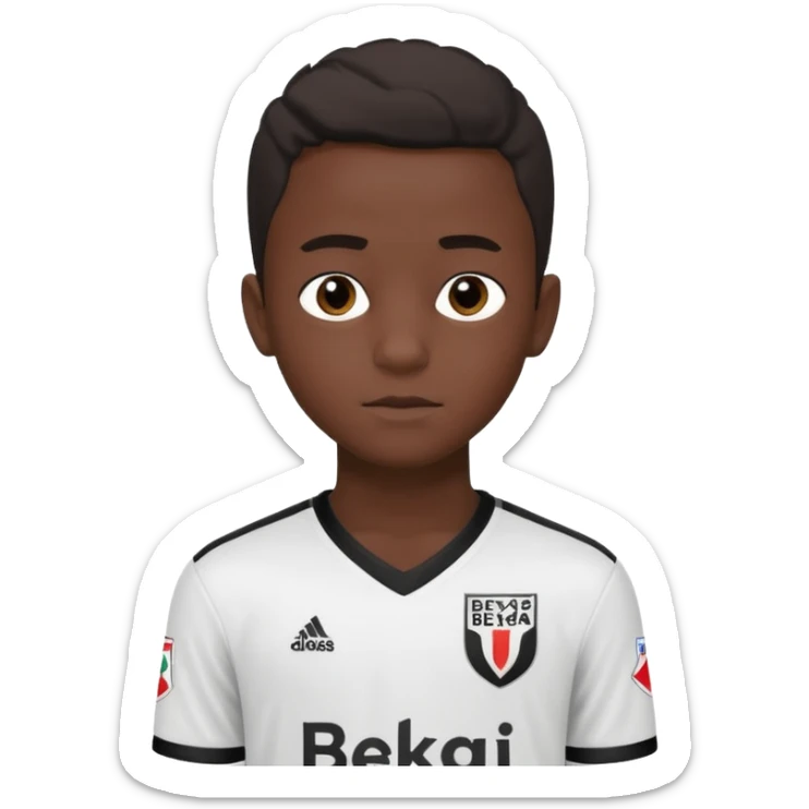 A dark-skinned boy, aged 15 and 16, is wearing a Besiktas jersey, black and white. sticker