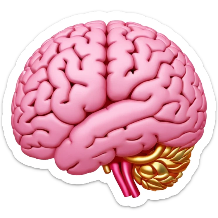 A pink brain with elegant golden details and accents,  In the center of the brain, there's a clean, empty space or hollow area, as if a part is carved out.  sticker