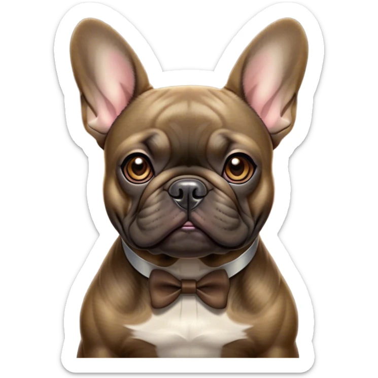 Cinematic Noble Brindle French Bulldog Portrait Emoji, Poised and regal, with a compact, muscular build and a sleek, well-groomed brindle coat accented by subtle fawn highlights, deep-set soulful dark eyes, Simplified yet sharp and sophisticated features, highly detailed, glowing with a soft, dignified glow, high shine, intelligent and determined, stylized with an air of authority, focused and attentive, soft glowing outline, capturing the essence of a watchful and confident companion, so majestic it feels as though it could strut out of the screen with effortless authority! sticker
