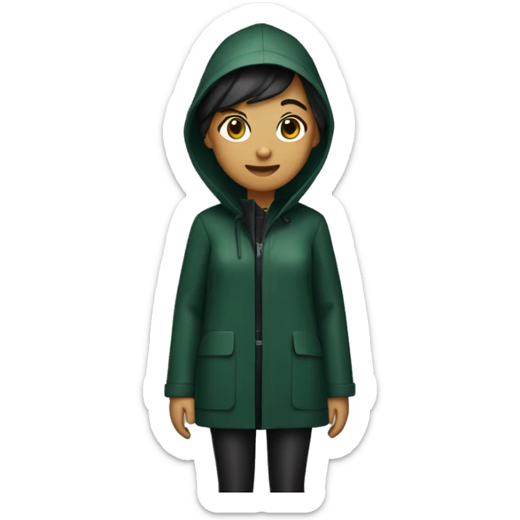a skinny woman wearing a dark-green raincoat and black pants and dark-blue rainboots sticker