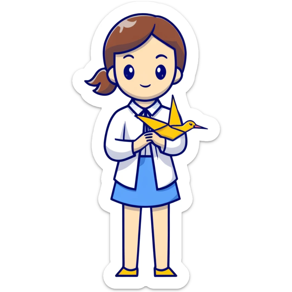 A Ukrainian young girl wearing a white embroidered shirt holds an origami yellow-blue crane sticker