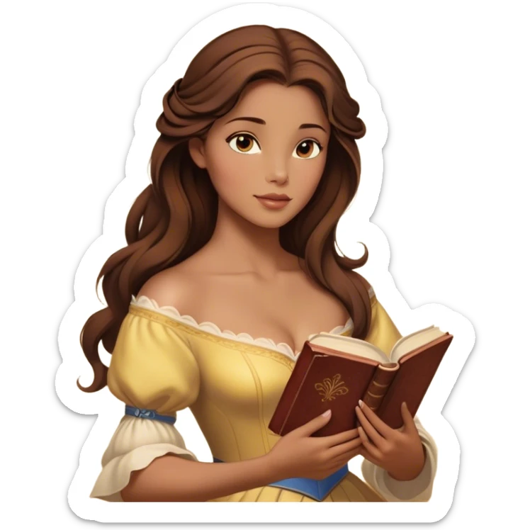Cinematic Realistic Belle Portrait, depicted with lifelike skin texture, soft natural lighting, and intricately detailed brown hair styled elegantly. Her deep, expressive eyes exude warmth and intelligence, complemented by a serene and graceful expression. She gently holds a book in one hand, her other hand resting at her side, radiating an aura of beauty and intellect. She is dressed in her classic yellow ball gown, the fabric rich in texture with delicate folds that catch the light beautifully. The portrait features a soft, enchanting glow with a natural, radiant finish, capturing the essence of timeless beauty in a realistic and painterly style, evoking a sense of depth and authenticity. sticker