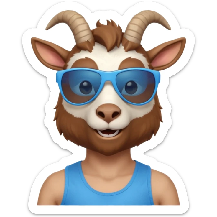 3D cartoon goat man portrait, head and shoulders, brown fur, small horns, blue reflective sunglasses, slight smile, tank top, soft lighting, centered, clean background, no text, no watermark
 sticker