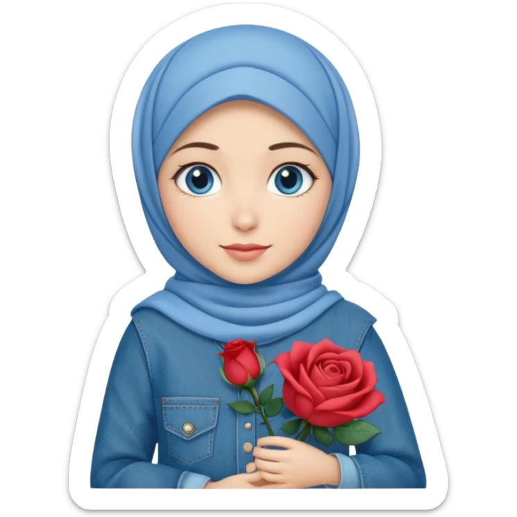 Turkish beautiful finish Konya girl blue eyes with denim hijab islamic dress and had on her hand denim rose bag sticker
