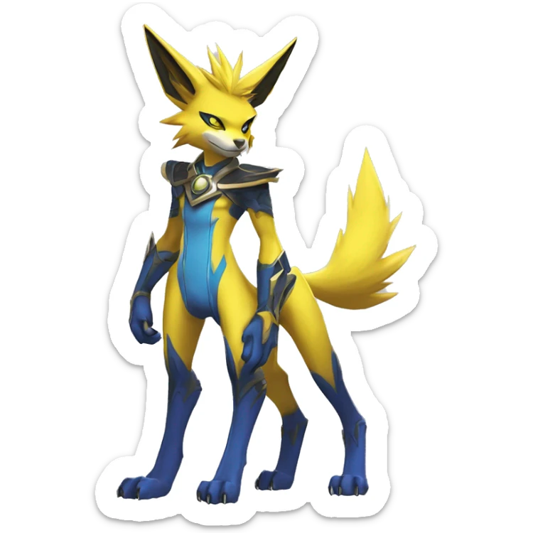Yellow Anthro Edgy Cool Sonic-Zeraora-Anubis-Renamon-Jolteon-Pokémon-Fakémon with shiny blue markings Full Body Detailed High Quality  sticker