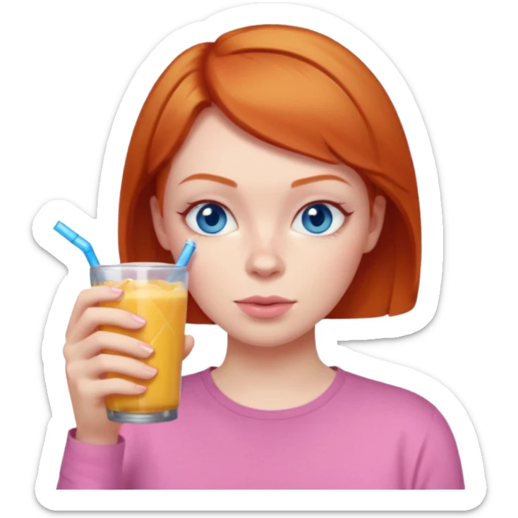 ginger woman short hair, pink shirt, sipping energy drink blue eyes cosy  sticker
