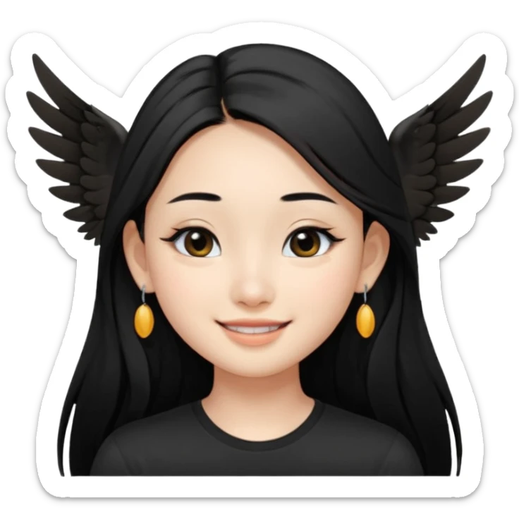 A Asian girl with fare skin and earrings, long straight black hair that is covering her checks with black eyes, smiling with a open wings eyeliner, mole near her nose of the right side sticker