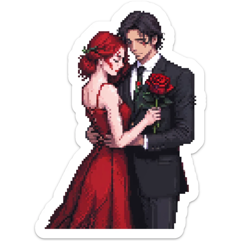 pixel art of a tango couple, man in black suit with red rose, woman in red dress, dramatic pose, close embrace, expressive, classic tango, emoji size, cute and vibrant sticker