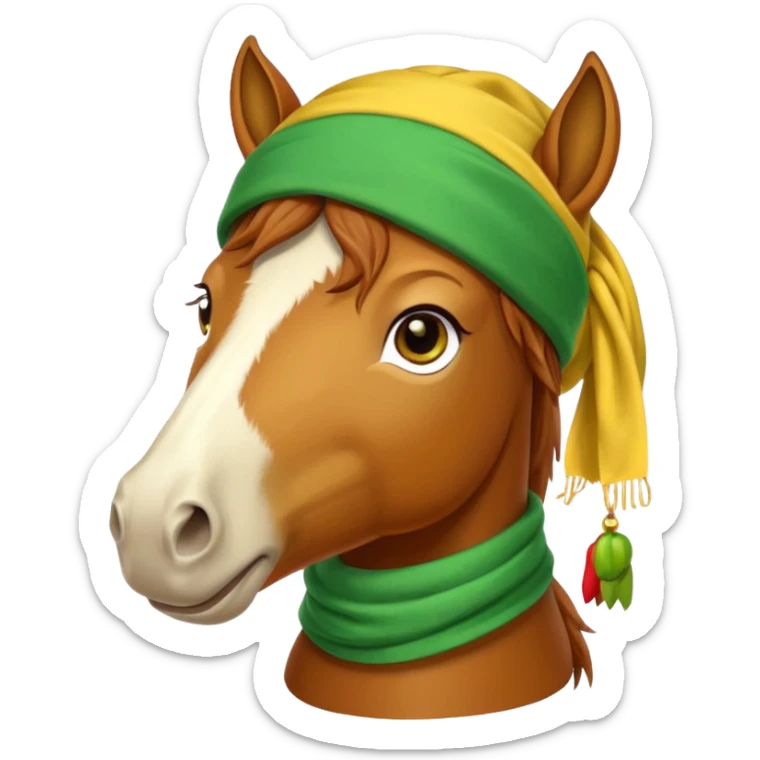 a fabulous funny winter horse in a green bandana hat with a yellow scarf sticker