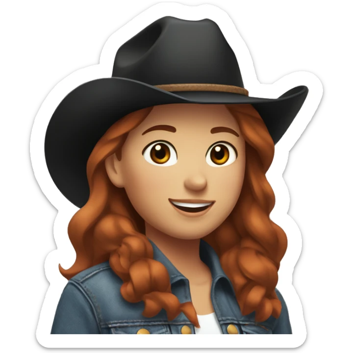 Girl with short red hair, with brown eyes, smiling, wearing a denim jacket and black shirt and brown cowgirl hat, with a brown horse next to her with a white spot on her forehead. sticker