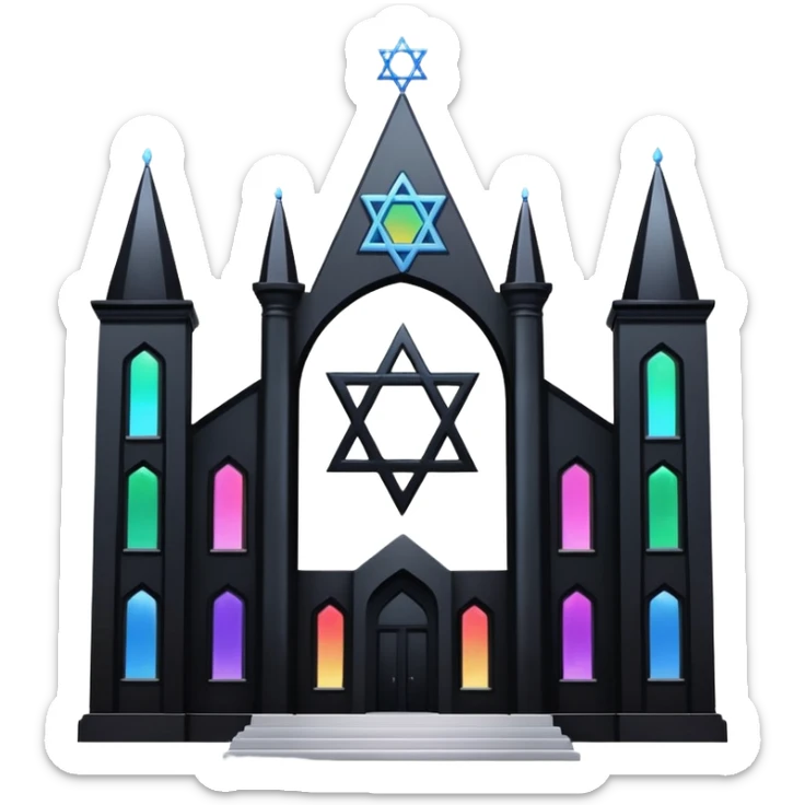jewish synagogue temple in dark goth aesthetic style with black building and very light rainbow tint glass windows and star of david and celestial symbolism sticker