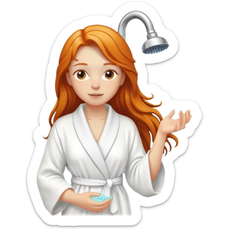 Ginger girl in white robe long wet hair relaxing shower skin care sticker