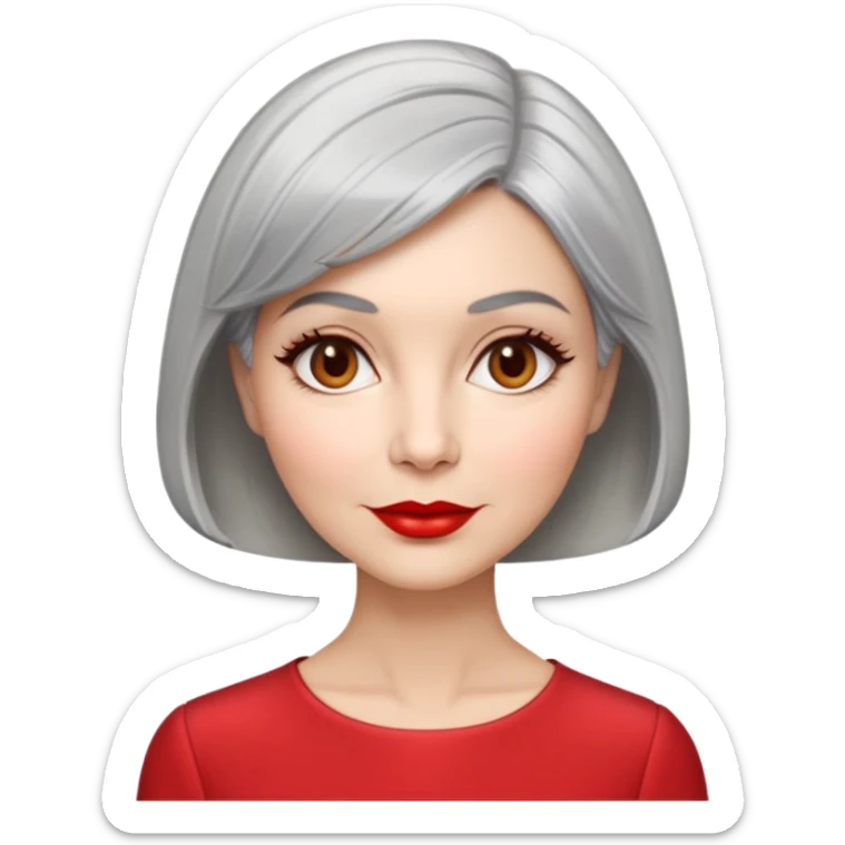 Sophisticated 70s woman with silver-gray bob cut, fair skin, almond eyes, distinctive cheekbones, wearing red lipstick and red blouse, warm friendly expression sticker