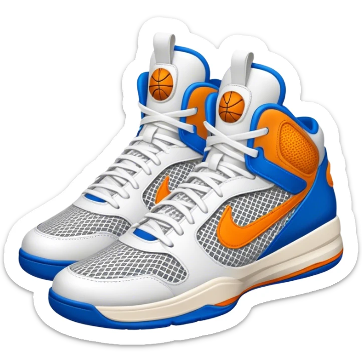 Cinematic Realistic image of a pair of basketball sneakers featuring detailed mesh and leather textures, vibrant color accents and dynamic design lines, illuminated by bold, high-energy arena lighting sticker