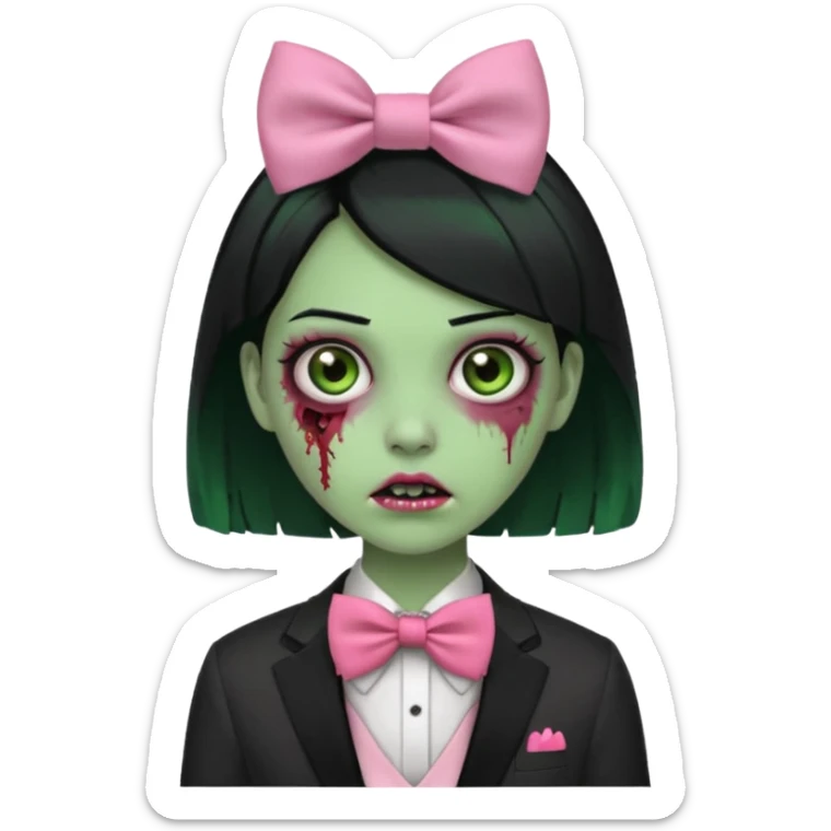 zombie green skin girl, black hair with pink bow tie sticker