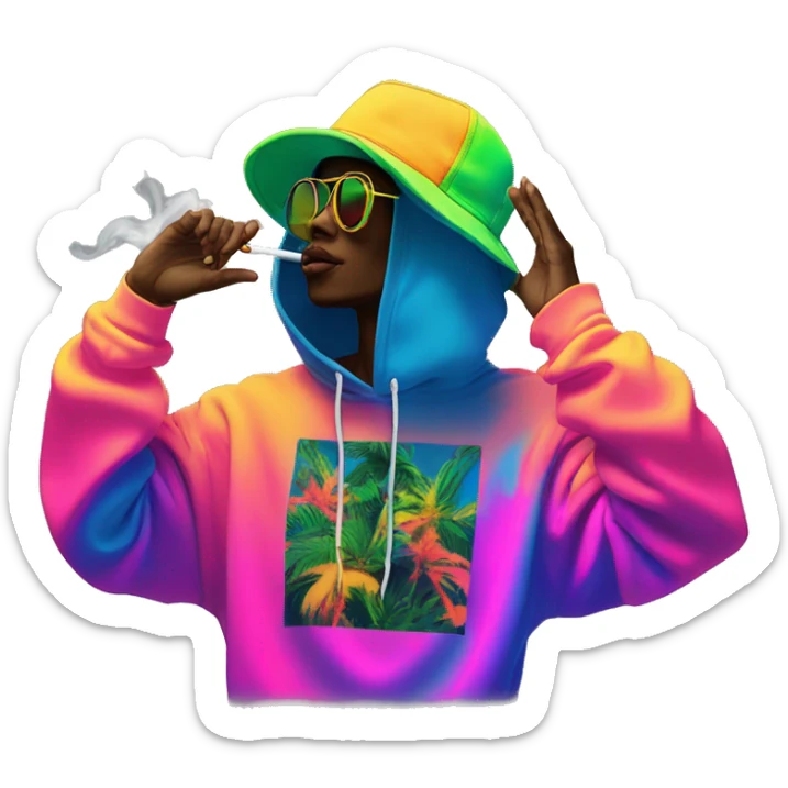 Multicoloured neon person smoking wearing hoodie dancing hip hop bucket hat tropical Skater fashion aesthetic baggy clothes graphic t shirt 420 sticker
