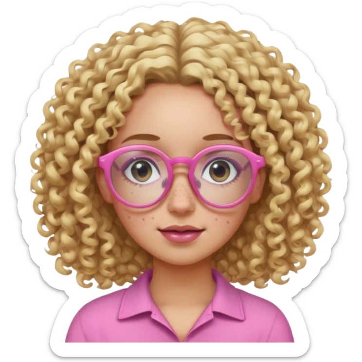 Innocent blonde woman with black eyes, curly hair and light skin and pink glasses and freckles  sticker