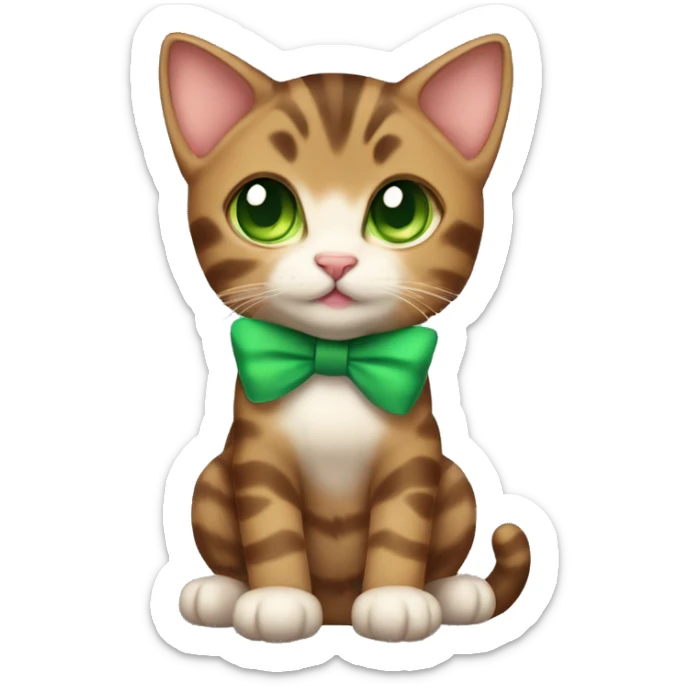 kawaii brown tabby kitten with green eyes and bow on top of head full body sticker