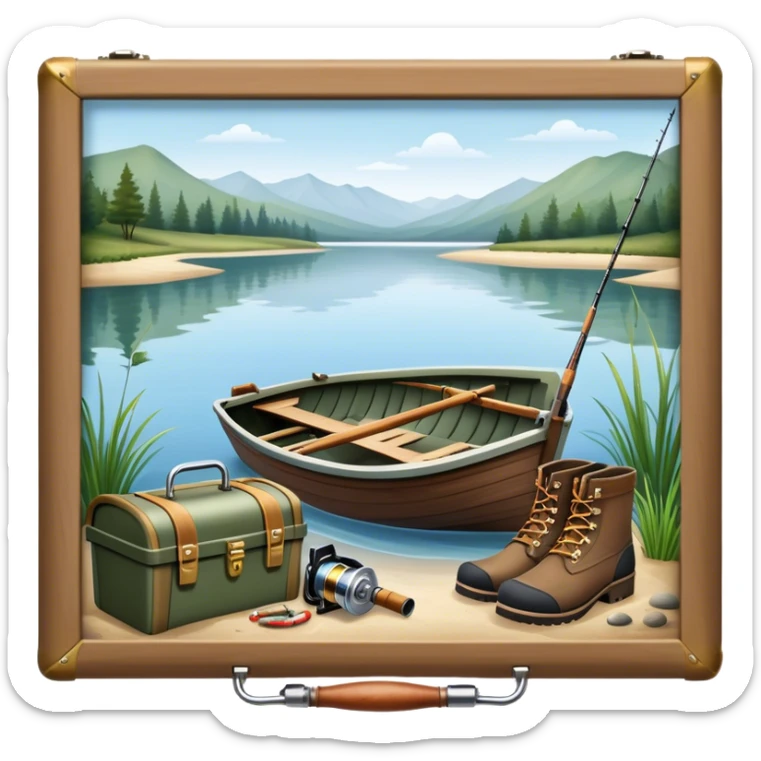 Icon for Fishing: a boat on the shore of a peaceful water body with a beautiful natural landscape, a fishing tackle box, a spinning rod, and boots nearby. The icon should capture the tranquility and gear of a fishing adventure. Transparent background. sticker