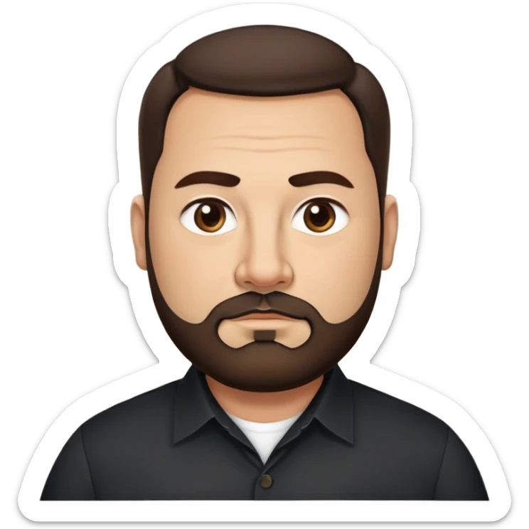 Very stocky businessman in his 40s with light brown skin, pear-shaped face (wider at bottom), full cheeks, medium dark brown eyes, thick eyebrows, wide nose, professional expression, short full beard, short dark hair, wearing a black button-up shirt sticker