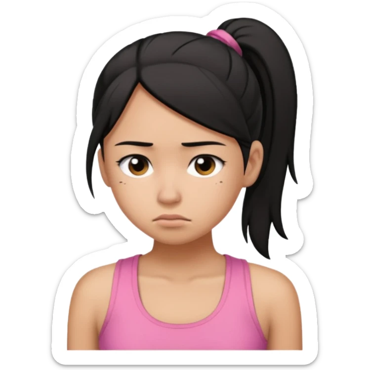 A tan girl with black hair in a ponytail. Wearing a pink tank top. Looking sad sticker