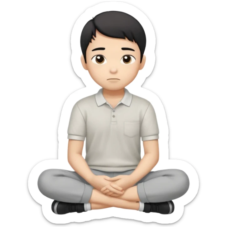 Cartoon Asian boy sitting cross-legged, clearly resting his closed fist against his cheek, looking thoughtful with a slight smirk. White polo, gray pants, black shoes, large eyes, short black hair. Clean vector style, flat colors, black background. sticker