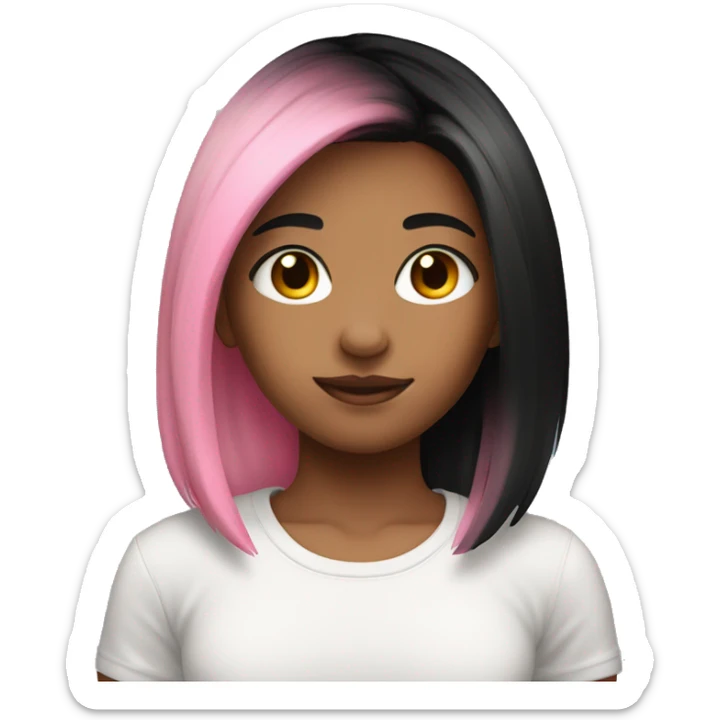 A 17-year-old girl with pink and black gradient hair and a black t-shirt sticker