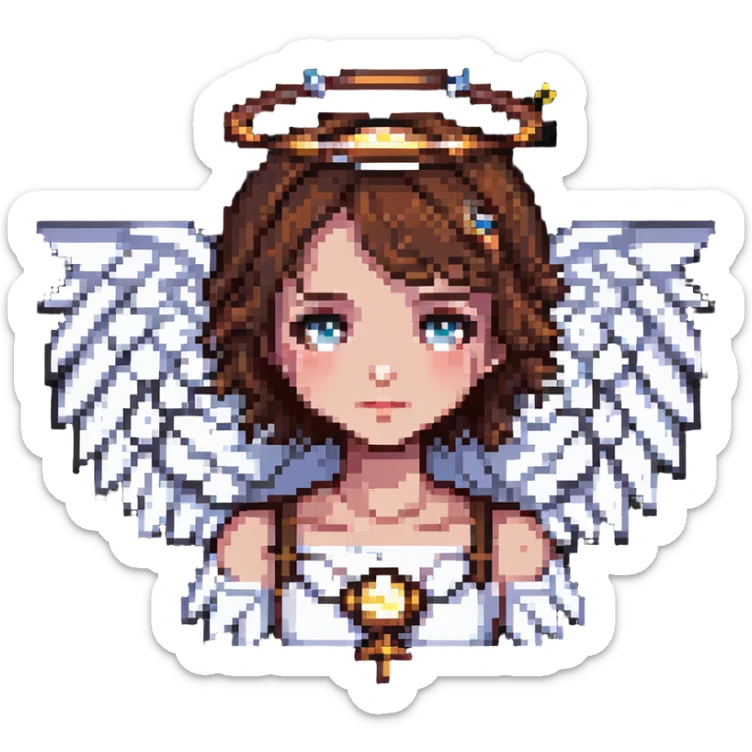 gothic girl with fair skin and short brown hair, angel wings and a halo, pixel art style sticker