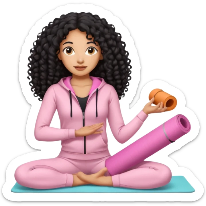 Mixed-race athletic woman with caramel skin, long black curly hair, wearing pastel pink tracksuit, holding a rolled yoga mat sticker