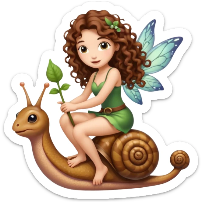 cute fairy woman long curly brown hair tattoos riding tiny snail sticker