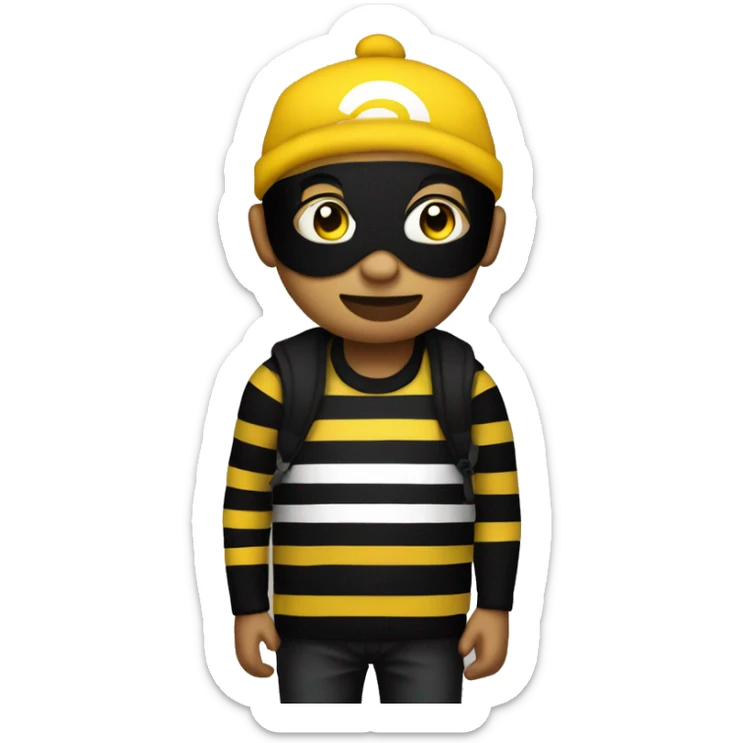Yellow skin guy with a black top mask and a black beanie and a shirt black and white striped with a money bag on his left shoulder sticker