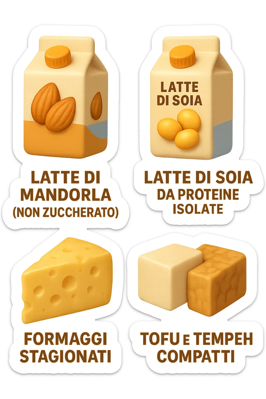 emoji stile iphone 3d di Latte e yogurt delattosati in italiano
Latte di mandorla (non zuccherato)
Latte di soia da proteine isolate
Formaggi stagionati (es. parmigiano)
Tofu compatto e tempeh
 che fluttuano in aria, iperealistico 4k sticker
