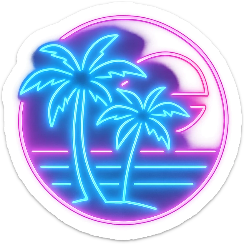 retro neon icon with Miami Vice City vibe, light pink and blue colors, palm trees, glowing 80s look, no text, vibrant and retro sticker