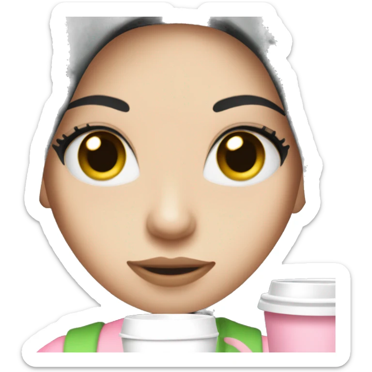 pretty woman with pale skin, very long black hair and green eyes and light pink outfit holding a pink coffee cup sticker