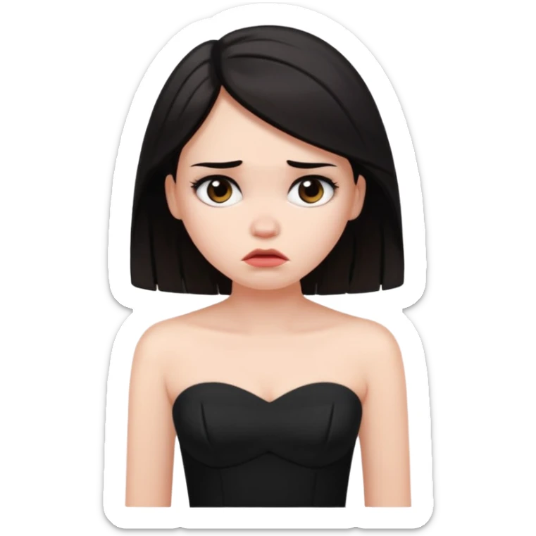 WOMAN WITH WHITE SKIN, DARK HAIR WEARING BLACK STRAPLESS DRESS LOOKING UPSET  sticker