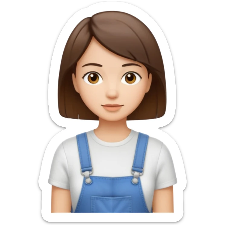 create an emoji of an adult woman but with short straight brown hair, light skin, dark brown eyes and white top with an overall sticker