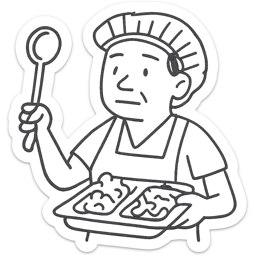 hand-drawn outlined icon of a lunch lady holding a ladle and a tray of gross food sticker
