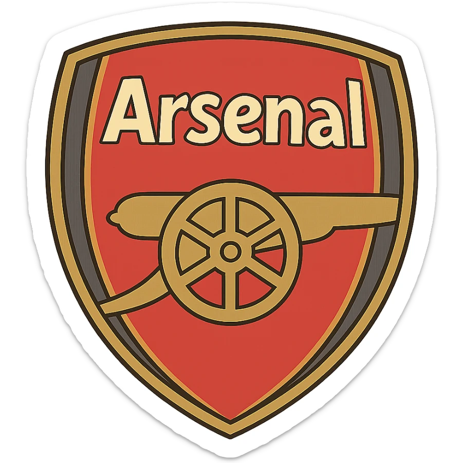 Arsenal football club emblem, stylized, geometric, red and gold, shield with cannon, contemporary logo design sticker
