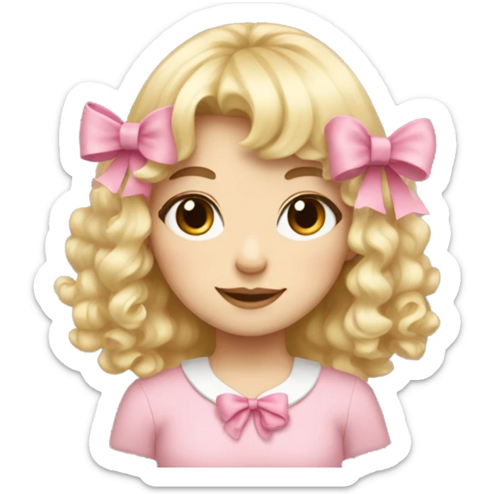 Blonde, pale girl with bangs and curly, long hair with pink bows  sticker