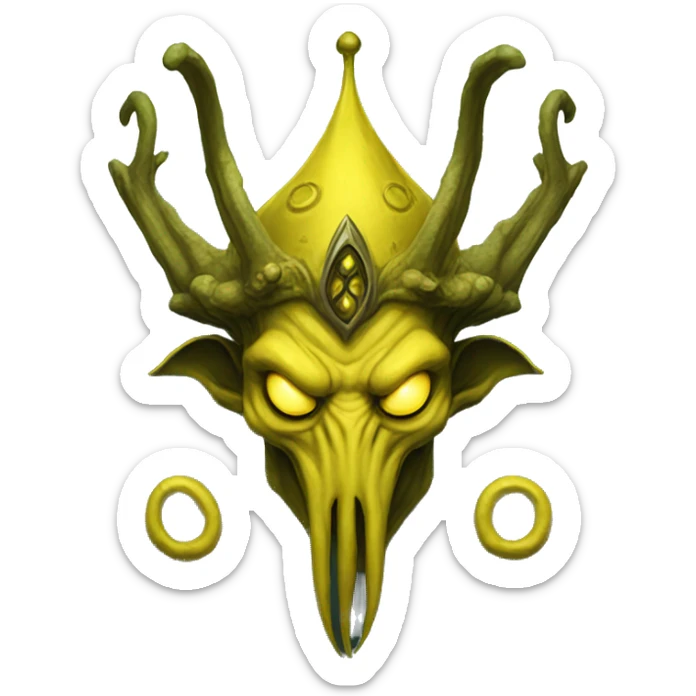 Hastur, King in Yellow of the Cthulhu Mythos, wearing a crown with antlers and a pallid mask sticker