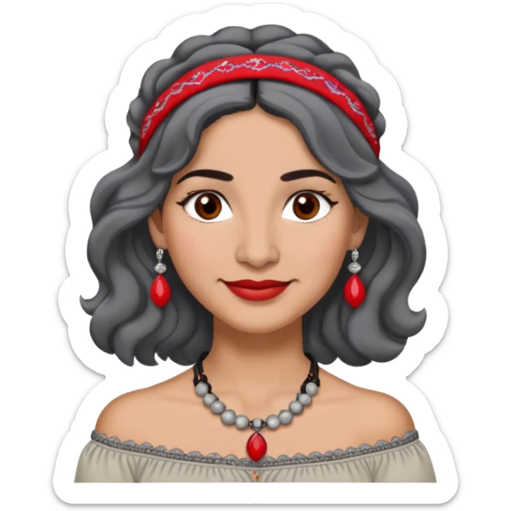 Latina woman, about 50, light brown skin, round face, wavy shoulder-length black and gray hair, red/white headband, medium eyes, thin eyebrows, subtle smile, gray peasant blouse, embroidery, bare shoulders, big dark necklace sticker