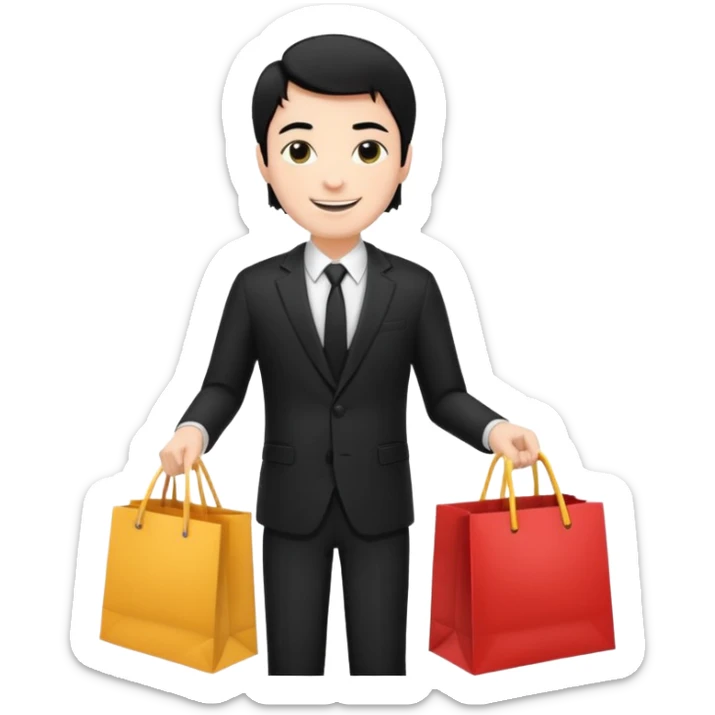 a white man black hair in a black suit with clothing shopping bag sticker